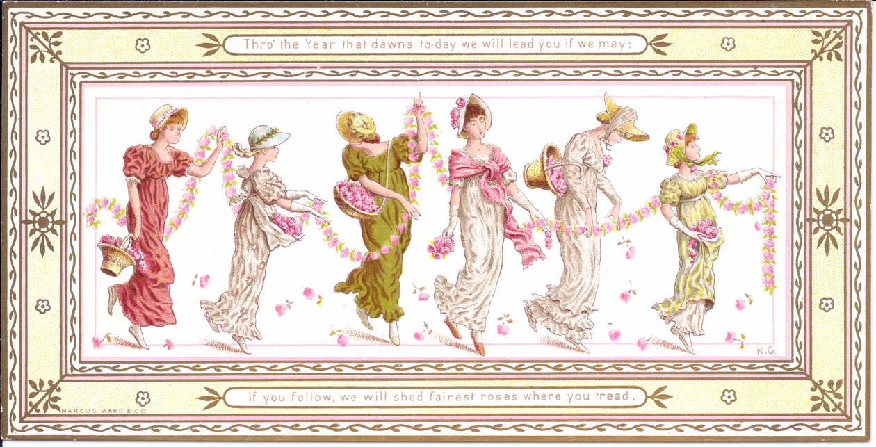 Viktoriaaninen onnittelukortti, jossa on lapsi, jolla on keltainen huivi kaulassaan, noin 1880. tekijältä Kate Greenaway