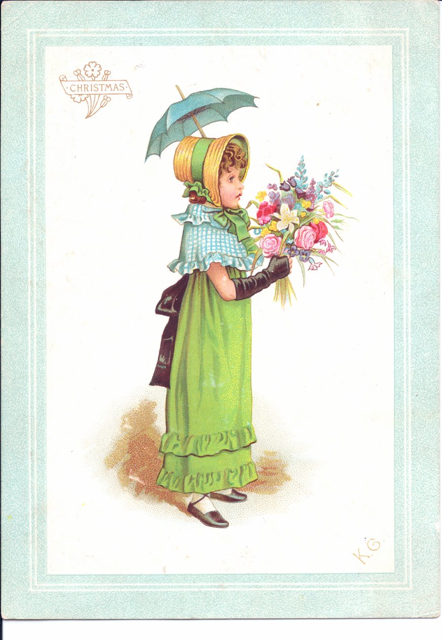 Viktoriaaninen onnittelukortti, jossa on tanssivia lapsia juhla-asussa, n.1880 tekijältä Kate Greenaway
