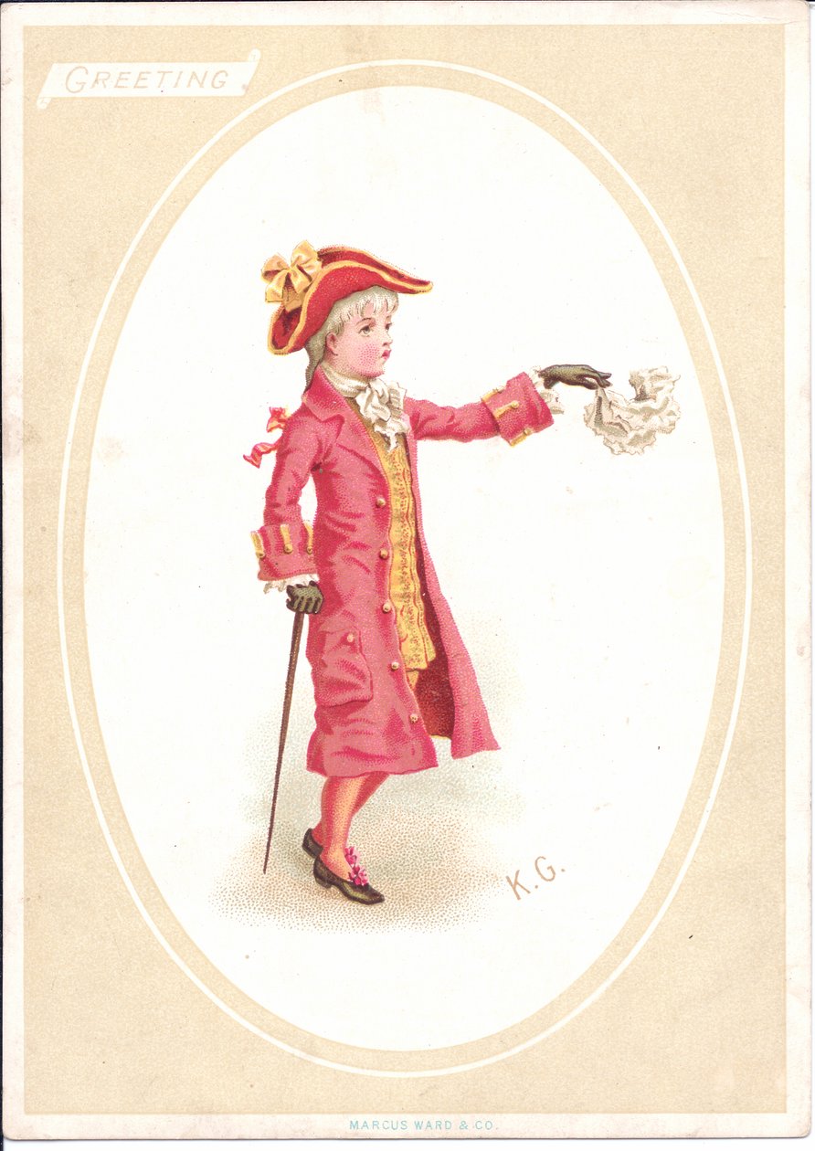 Viktoriaaninen onnittelukortti, jossa lapset istuvat ruokapöydän ääressä, kun yksi kokiksi pukeutuneista teroittaa veistä, noin 1880. tekijältä Kate Greenaway