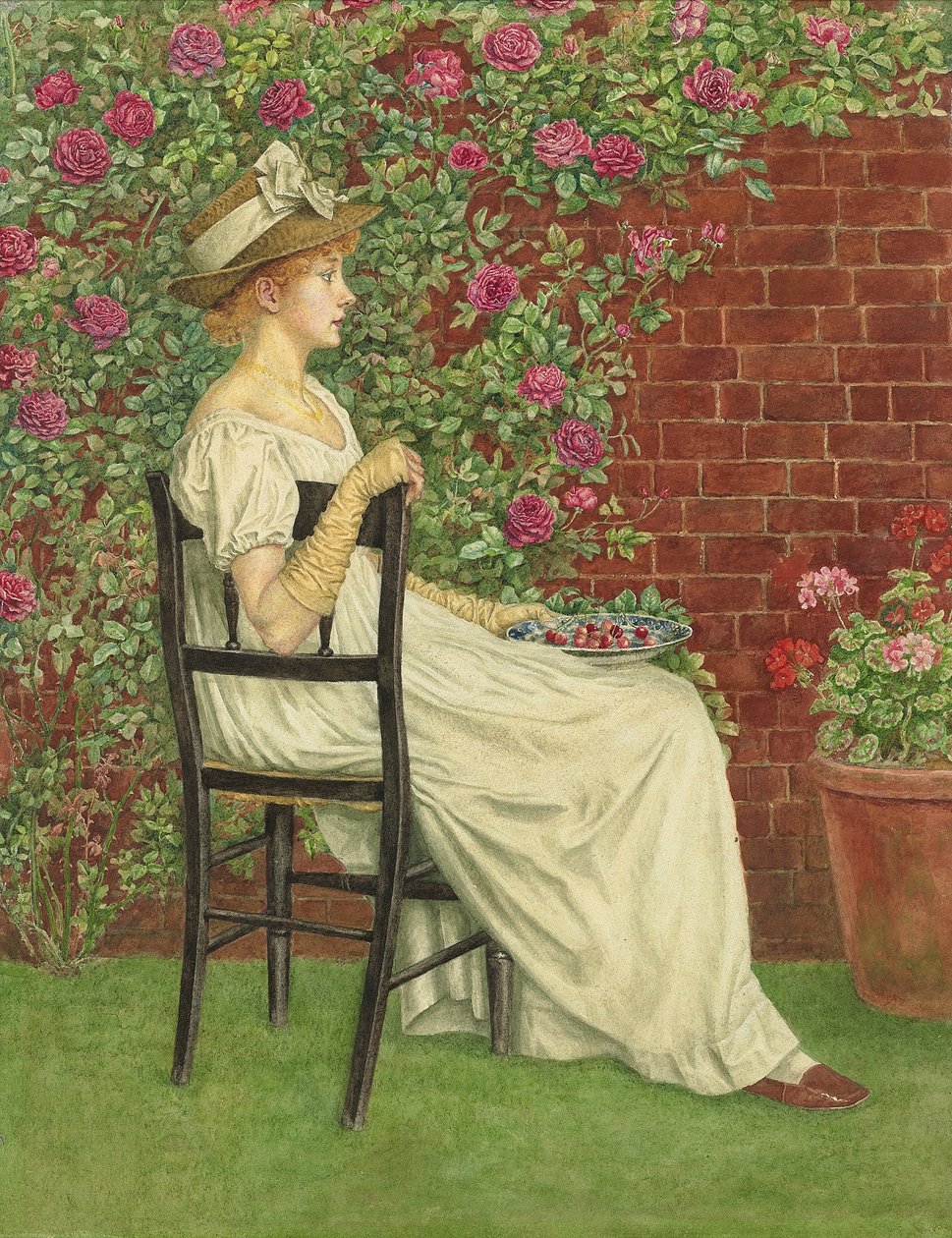 Nuori tyttö istuu tuolissa, kulho kirsikoita kädessään, tekijältä Kate Greenaway