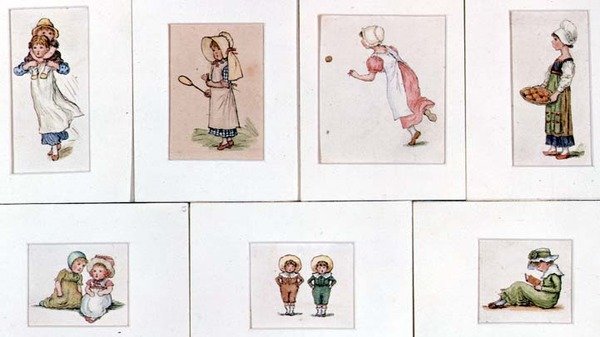 Kokoelma pienoisvesivärejä leikkivistä lapsista tekijältä Kate Greenaway