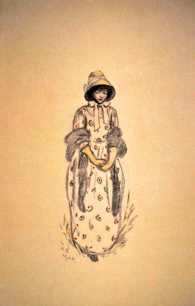 Tyttö säkissä konepellissä ja huivissa tekijältä Kate Greenaway