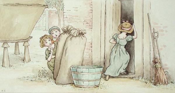 Piilosta (akvarelli paperille) tekijältä Kate Greenaway