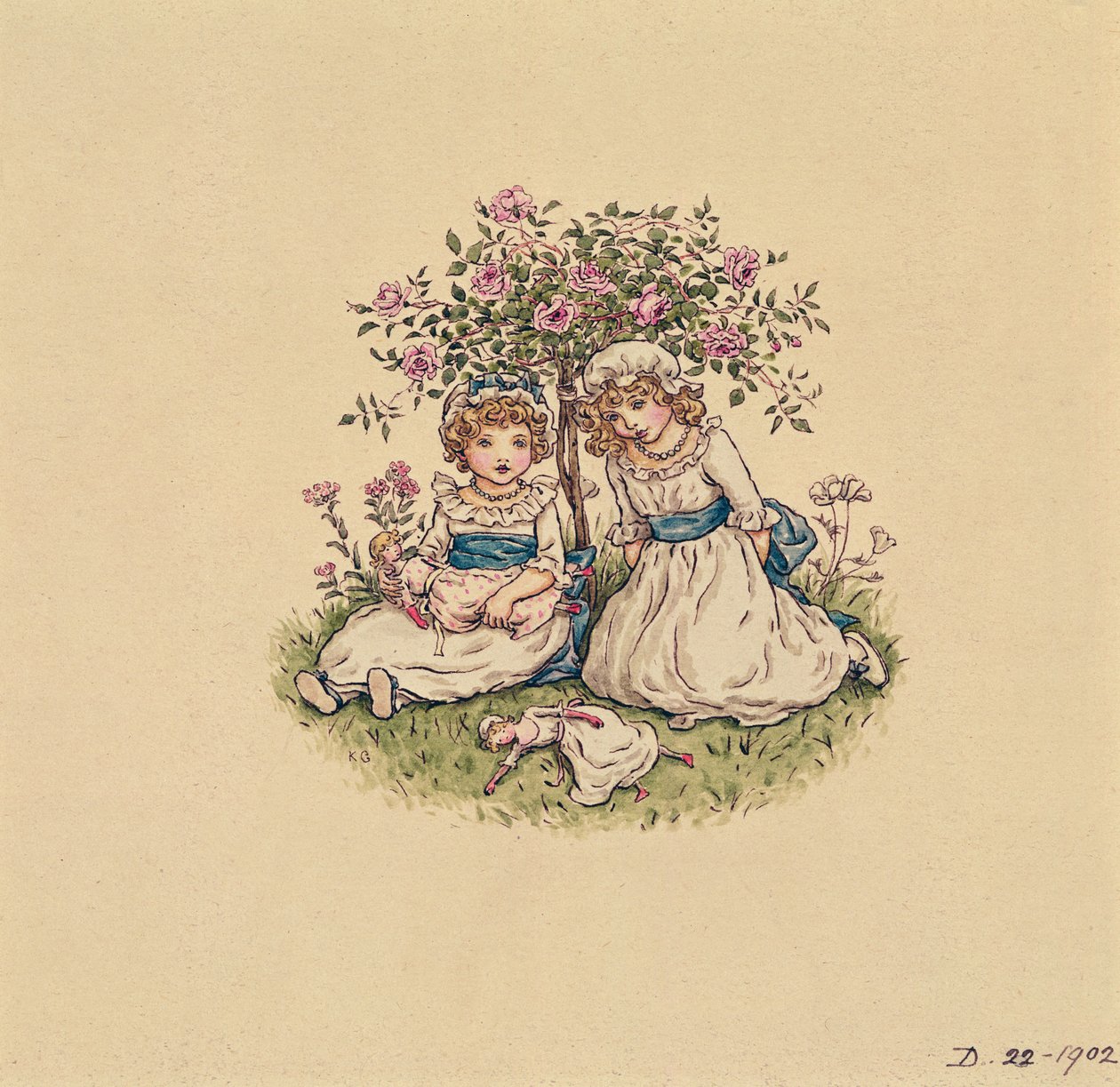 Kuvitus Pyhän Ystävänpäivälle 1902 (wc paperilla) tekijältä Kate Greenaway