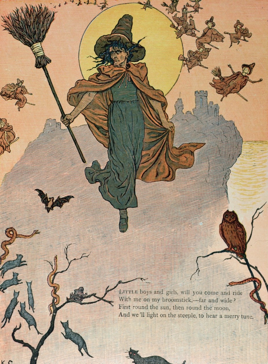 "Pienet pojat ja tytöt, tuletko ratsastamaan kanssani luudanvarrellani", kuvitus taiteilijan teoksesta "Ikkunan alla", 1800-luvun loppu tekijältä Kate Greenaway