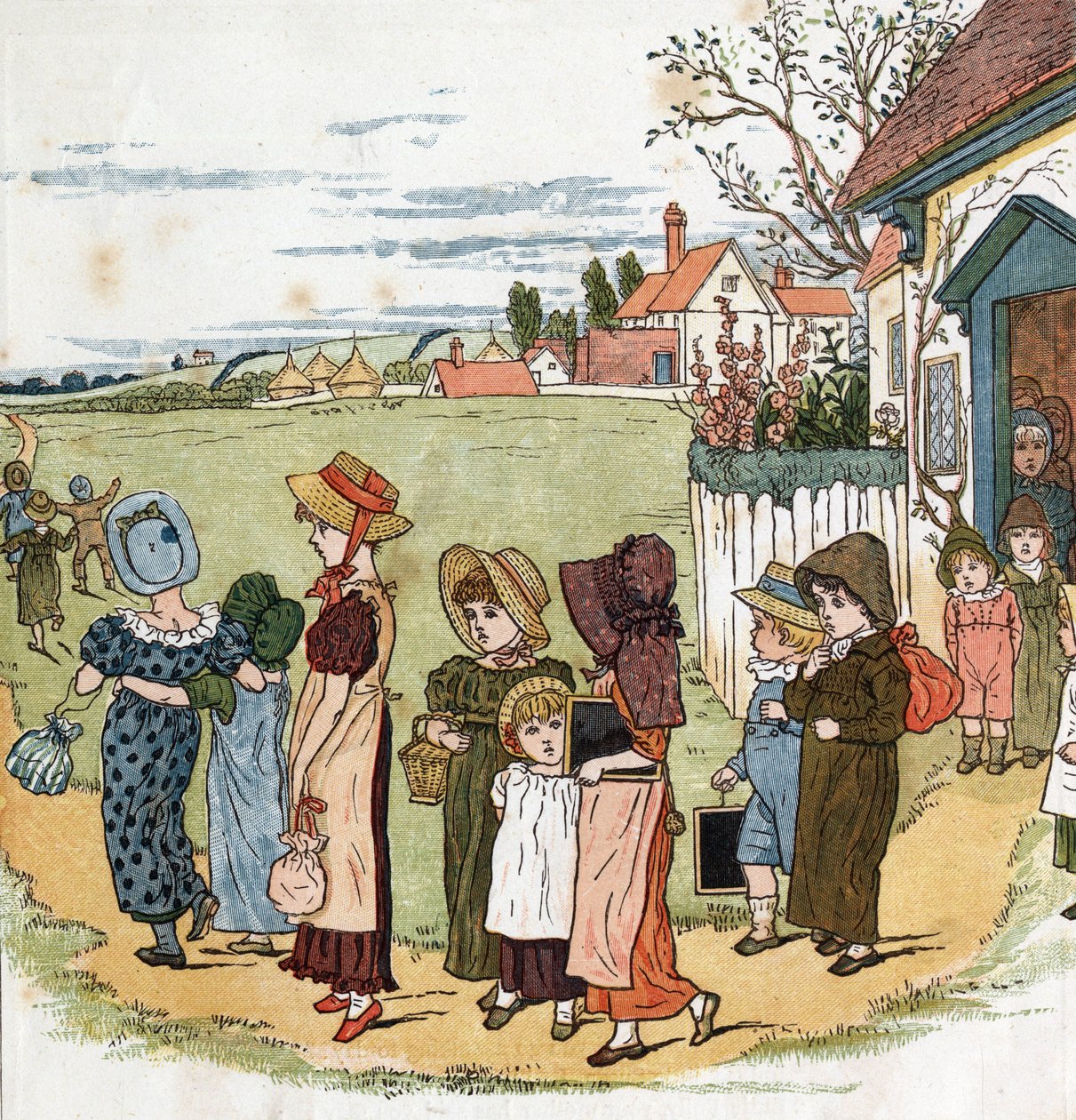 Koulu loppui. Kate Greenawayn (1846-1901) kuvitus lasten satujen ja lorujen kirjasta "" Under The Window" (1879), toimittanut Edmund Evans. tekijältä Kate Greenaway