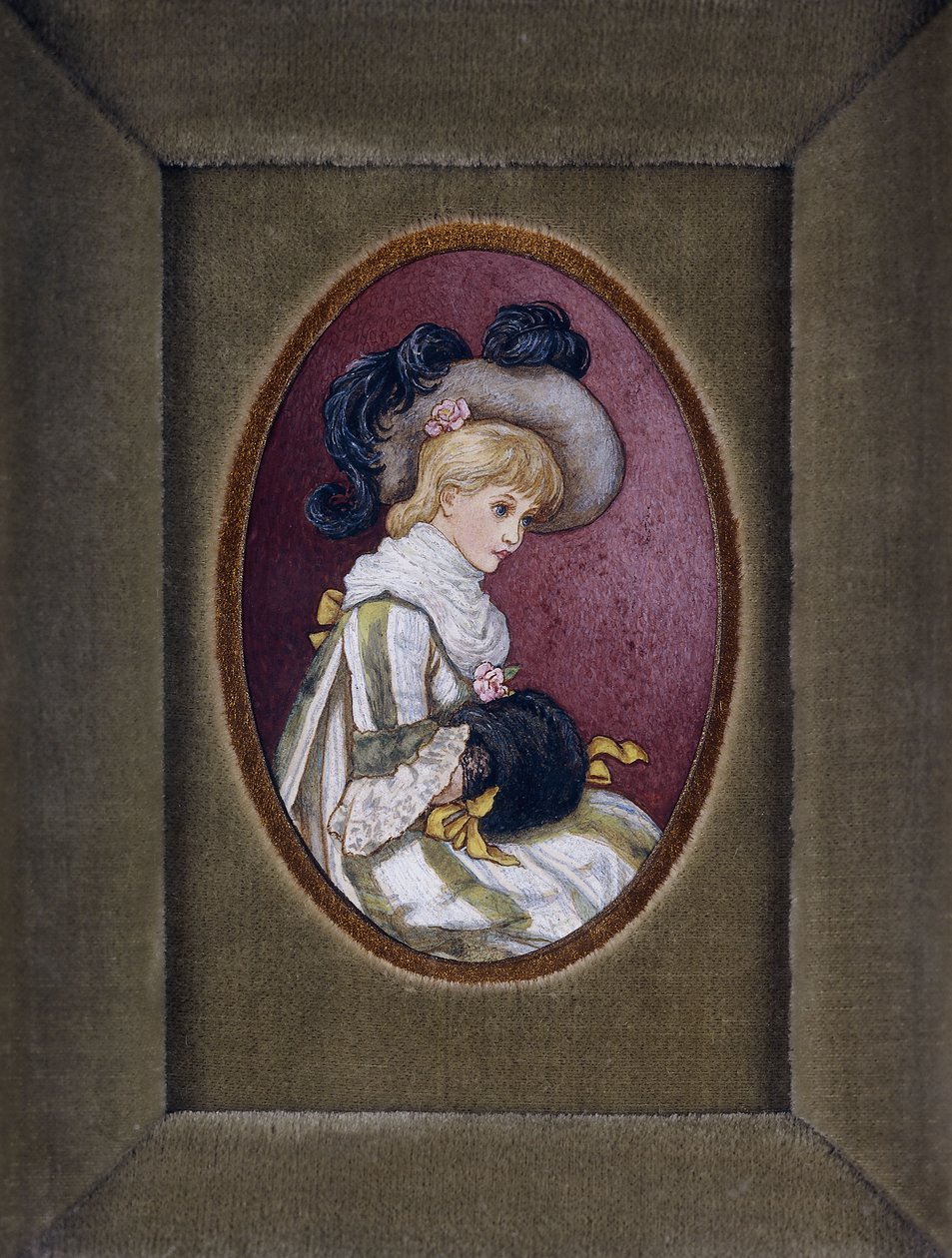 Soikea muotokuva blondista tytöstä, jolla on hattu ja kädet muhvinsa sisällä tekijältä Kate Greenaway