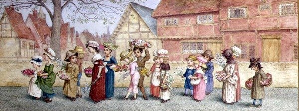 Kuudentoista lapsen kukkakulkue, noin 1876 (vesiväri paperille). tekijältä Kate Greenaway