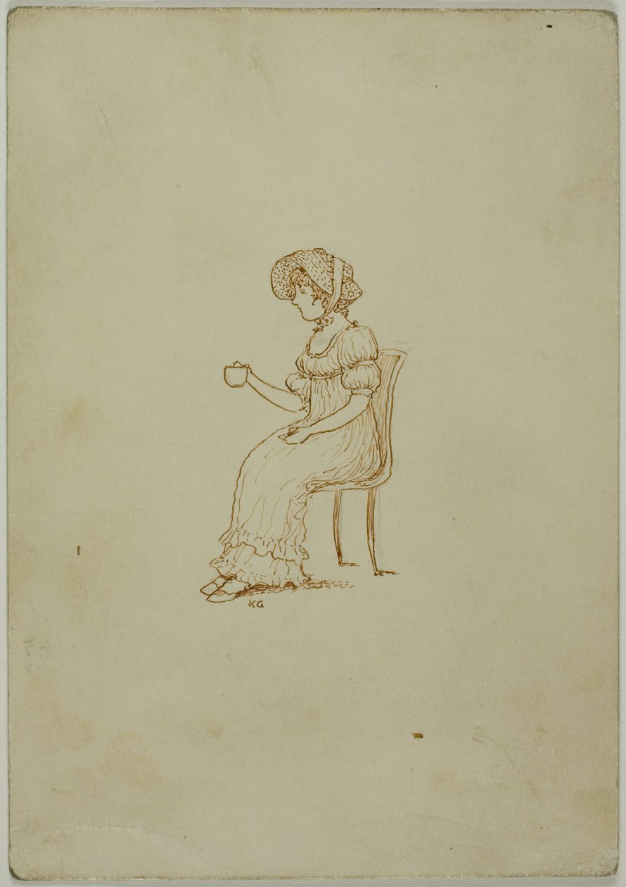 Istuva tyttö pitelee teekuppia tekijältä Kate Greenaway