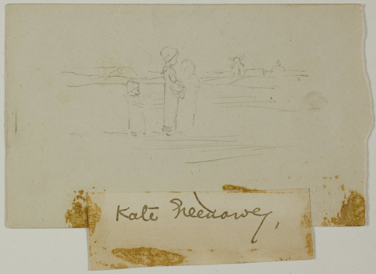 Kolme hahmoa maisemassa tuulimyllyn kanssa tekijältä Kate Greenaway