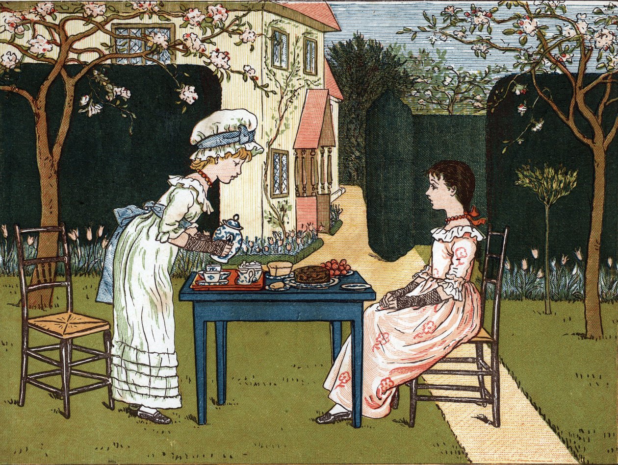 Kellonaika: kaksi nuorta tyttöä maistelemassa sitä puutarhassa. Kate Greenawayn (1846-1901) kuvitus lasten satujen ja lorujen kirjasta "" Under The Window" (1879), toimittanut Edmund Evans. tekijältä Kate Greenaway