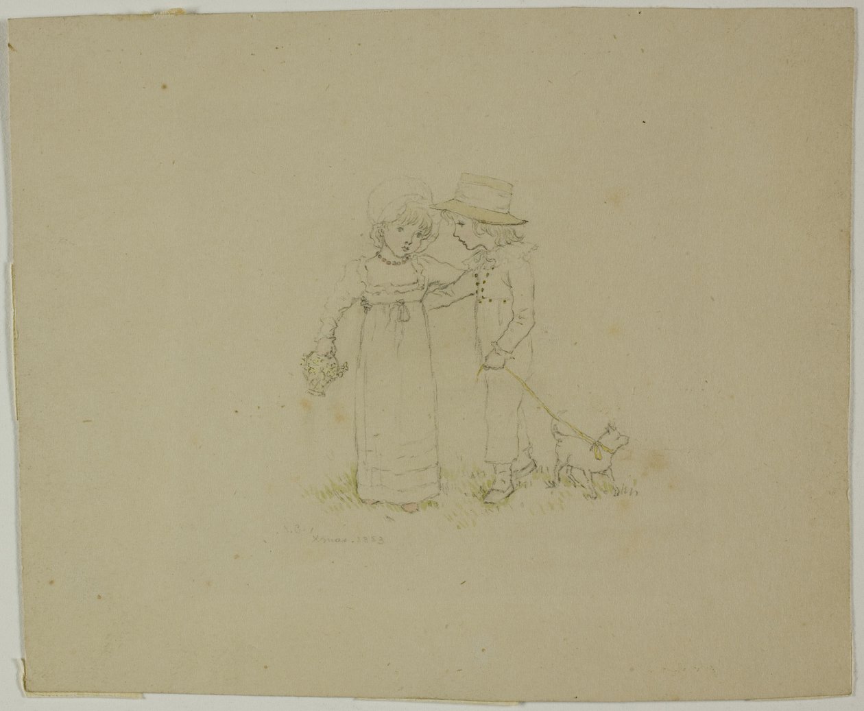 Kaksi lasta koiran kanssa tekijältä Kate Greenaway