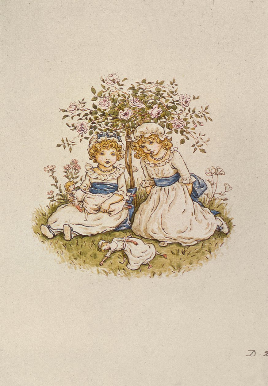 Kaksi tyttöä nukkeineen istumassa ruusupensaan alla, 1800-luku tekijältä Kate Greenaway