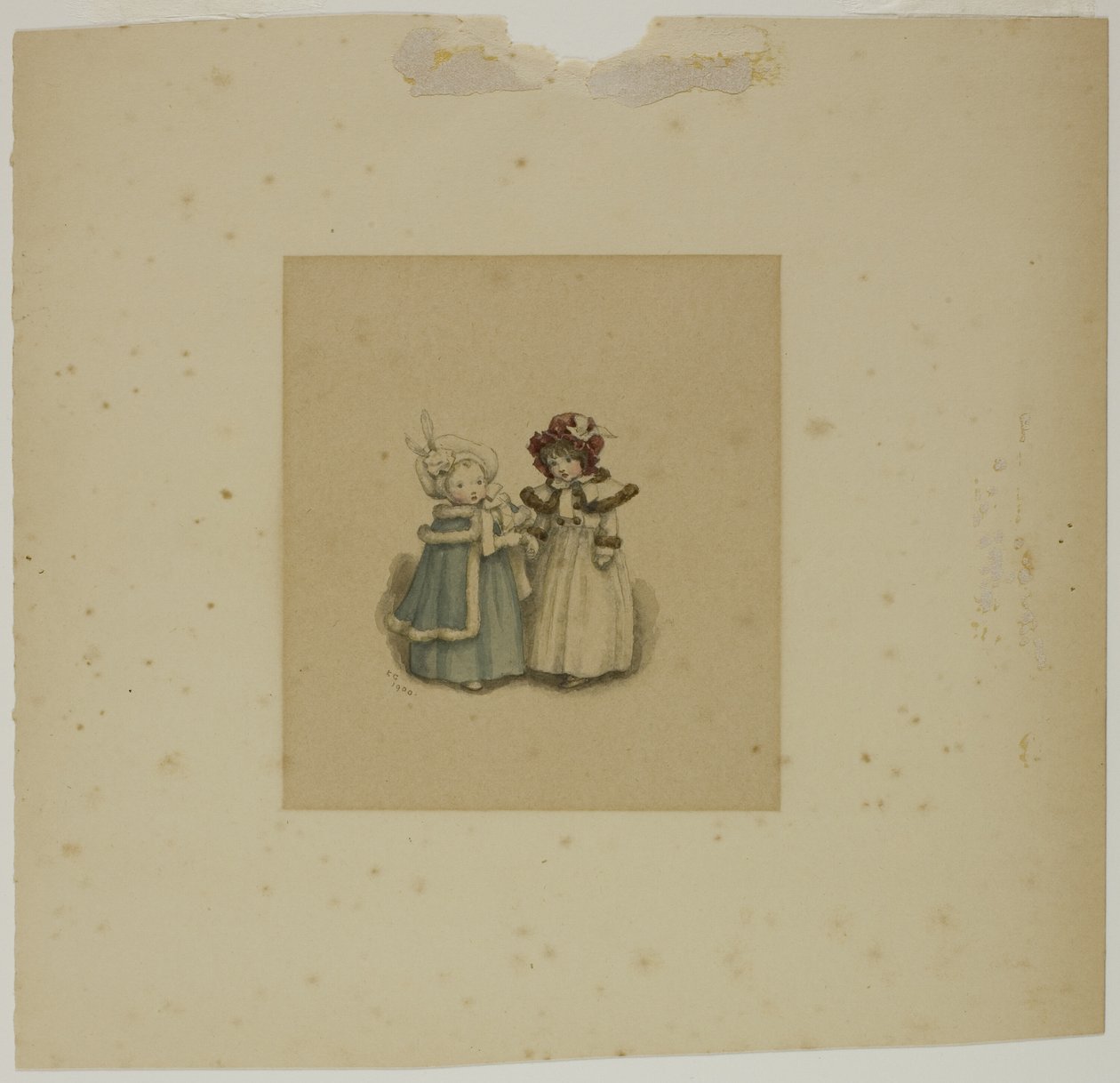 Kaksi pientä tyttöä turkisreunustettuun takkiin tekijältä Kate Greenaway