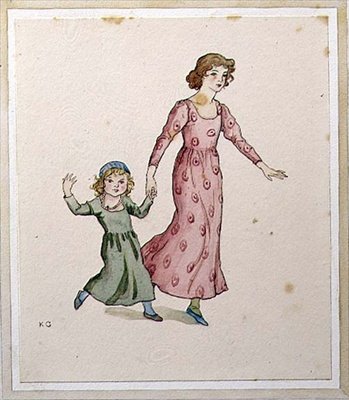 Kaksi pientä tyttöä juhlamekoissa (akvarelli paperille) tekijältä Kate Greenaway