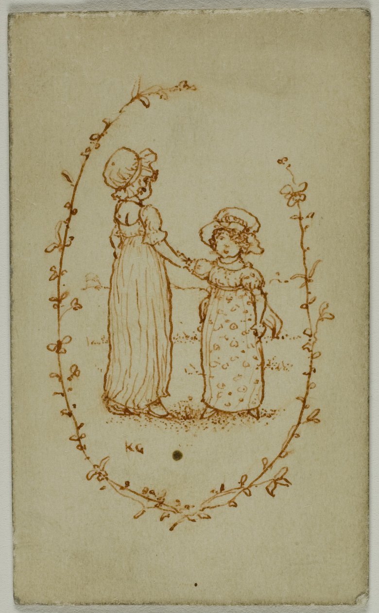 Kahden tytön vinjetti (recto); Athena (käänteinen) tekijältä Kate Greenaway
