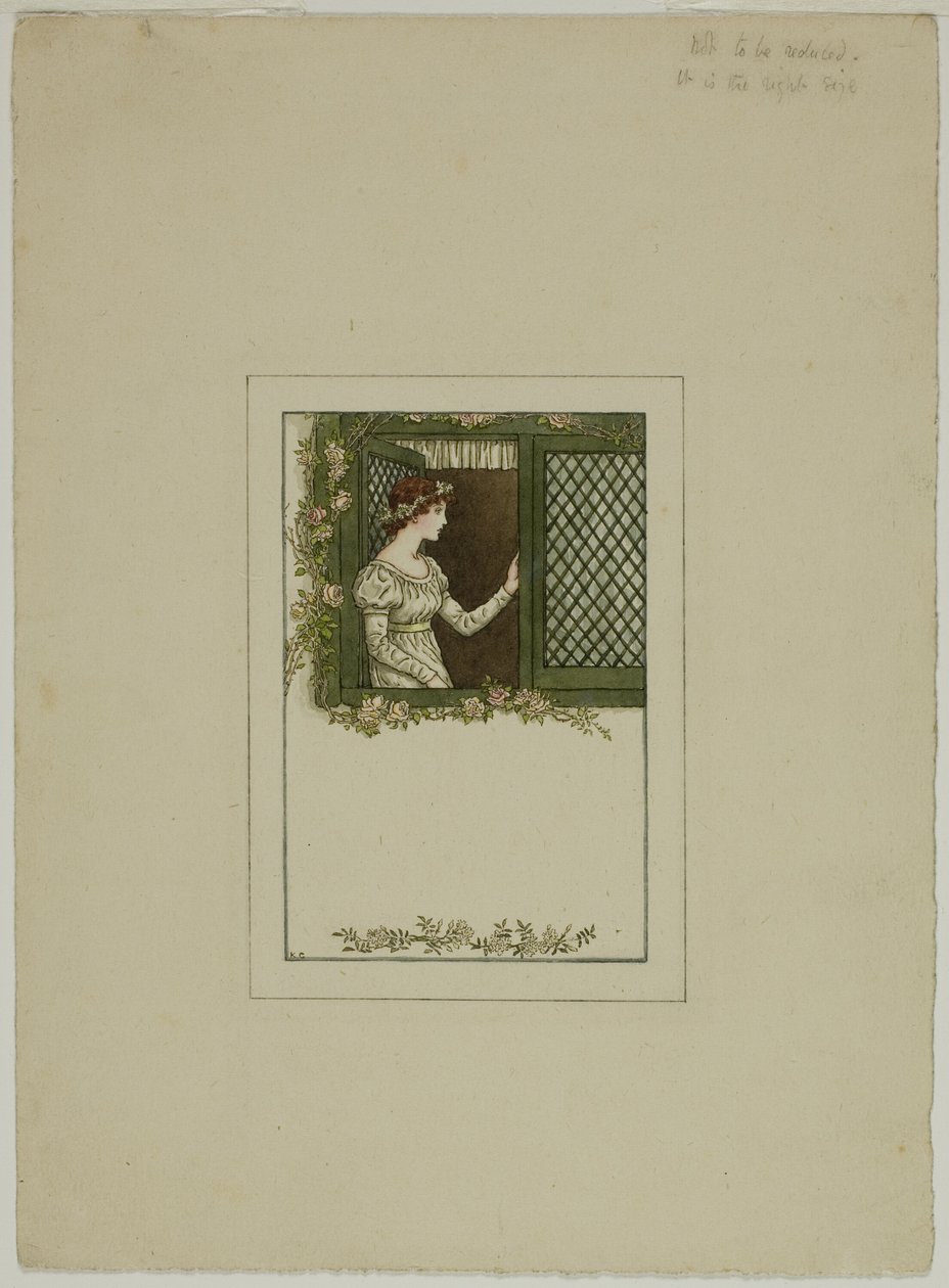 Nainen ristikkoikkunassa tekijältä Kate Greenaway
