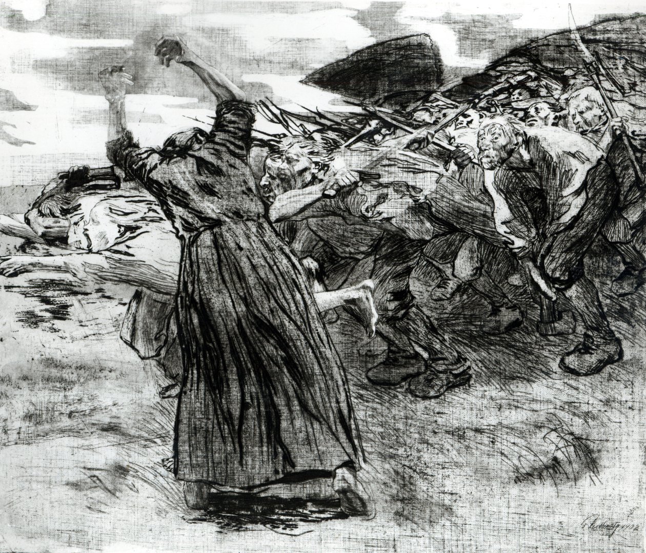 Outbreak, levy 5 sarjasta "Talonpoikien kapina", 1908 (etsaus ja kaiverrus) tekijältä Käthe Kollwitz