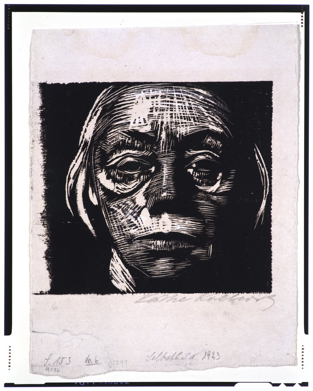 Omakuva, 1923 (puupiirros, kosketettu vedos kudospaperille) tekijältä Käthe Kollwitz
