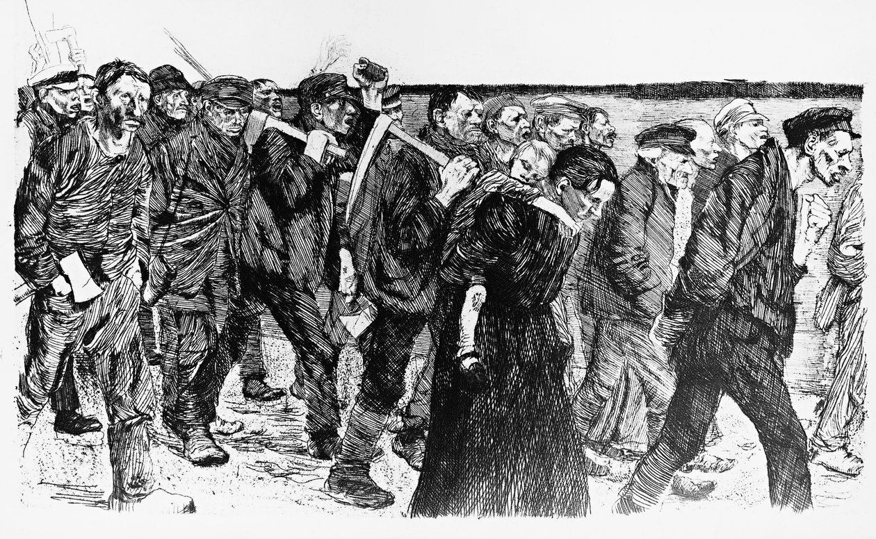 Työläisten mielenosoitus, Kathe Kollwitzin (1867-1945) kuvitus oopperaan Die Weber (The Weavers) tekijältä Käthe Kollwitz