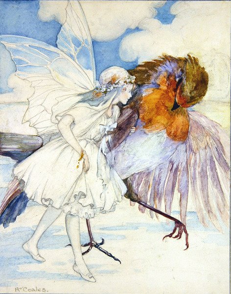 Cock Robin and the Flower Fairy (lyijykynä ja akvarelli paperille) tekijältä Kathleen Wallis Coales
