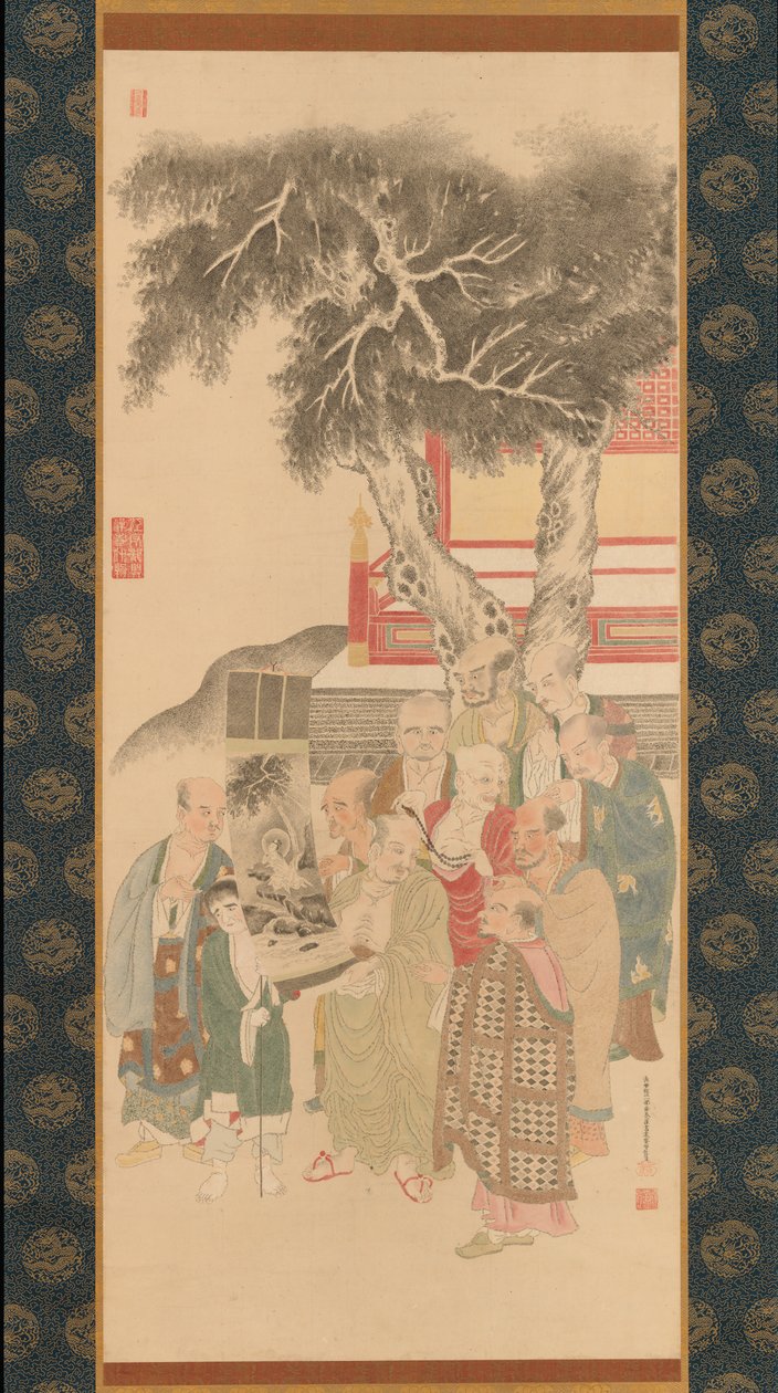 Kymmenen rakania tutkimassa maalausta valkovaatisesta Kannonista, 1792. tekijältä Kato Nobukiyo