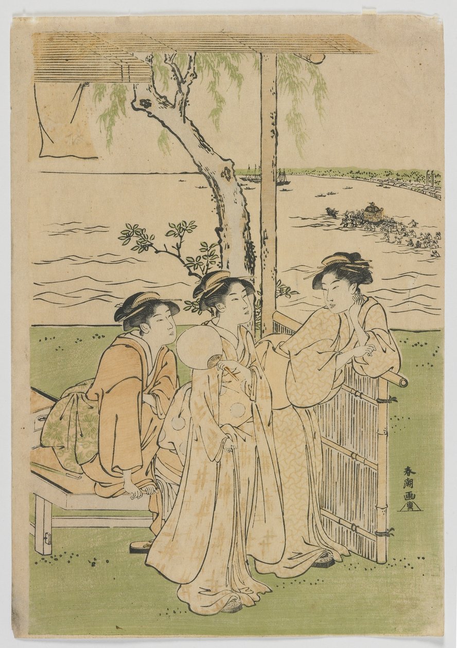 Kolme kauneutta kesällä, Naiset Takanawassa, Edo-kausi, 1780-luvun puoliväli (värillinen puupainatus) tekijältä Katsukawa Shuncho