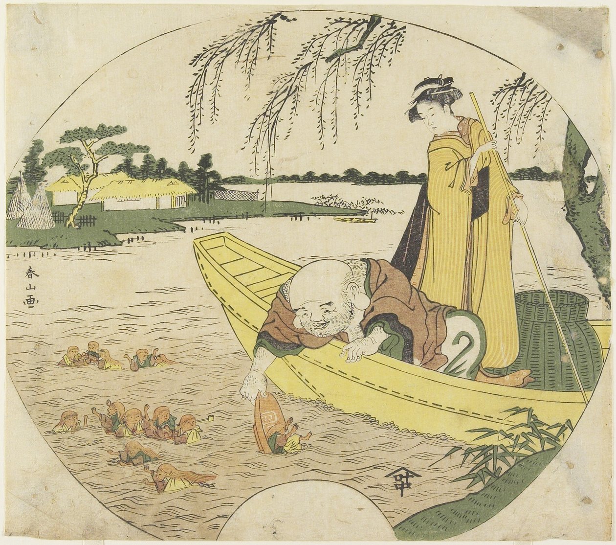 (Hotei God on a Boat, joka pyydystää Sho_jo_ Goblinsia sakekupilla), 1782-1789 tekijältä Katsukawa Shunzan