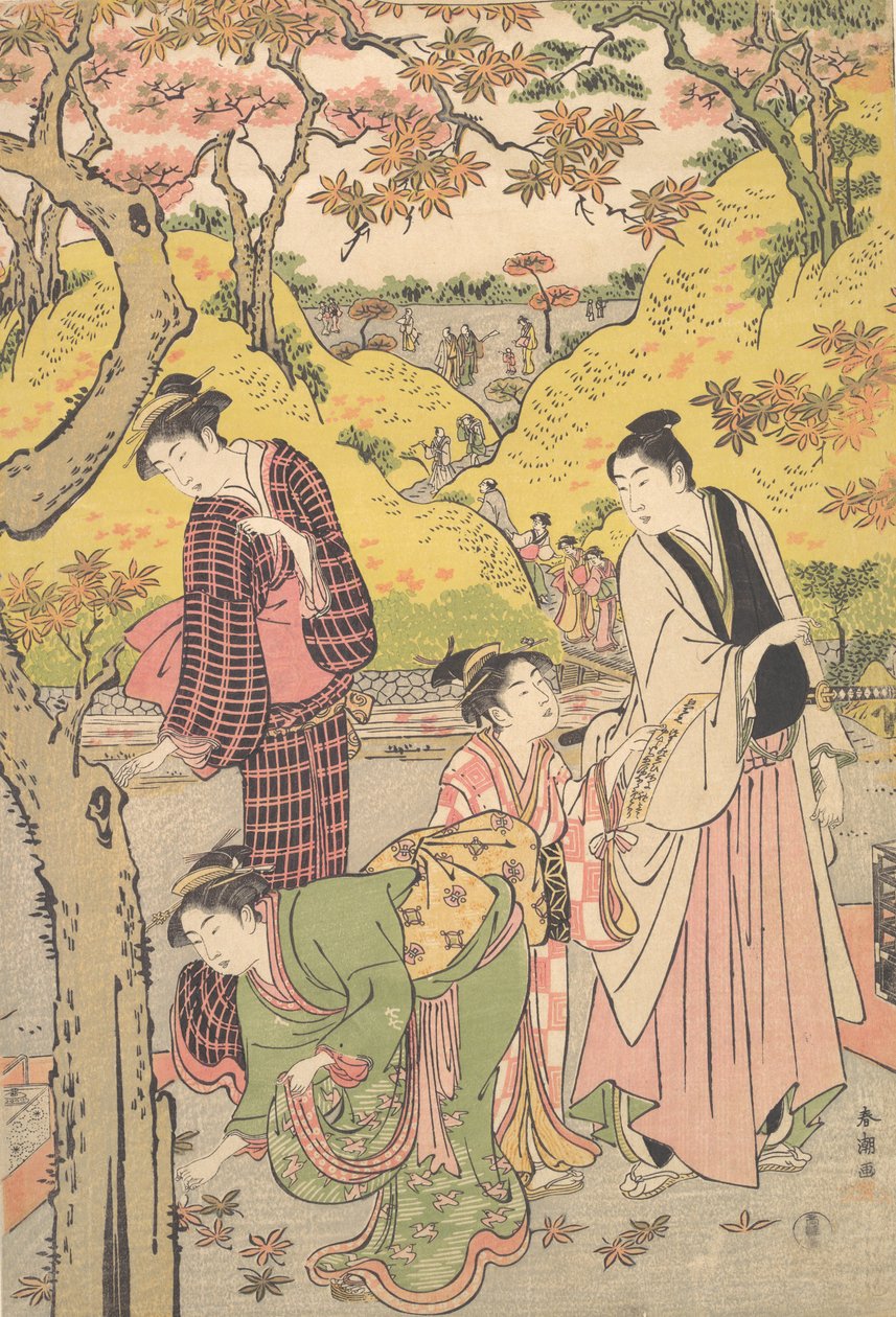 Nuori mies, kaksi nuorta naista ja tyttö piknikbileissä, n. 1789. tekijältä Katsukawa Shuncho