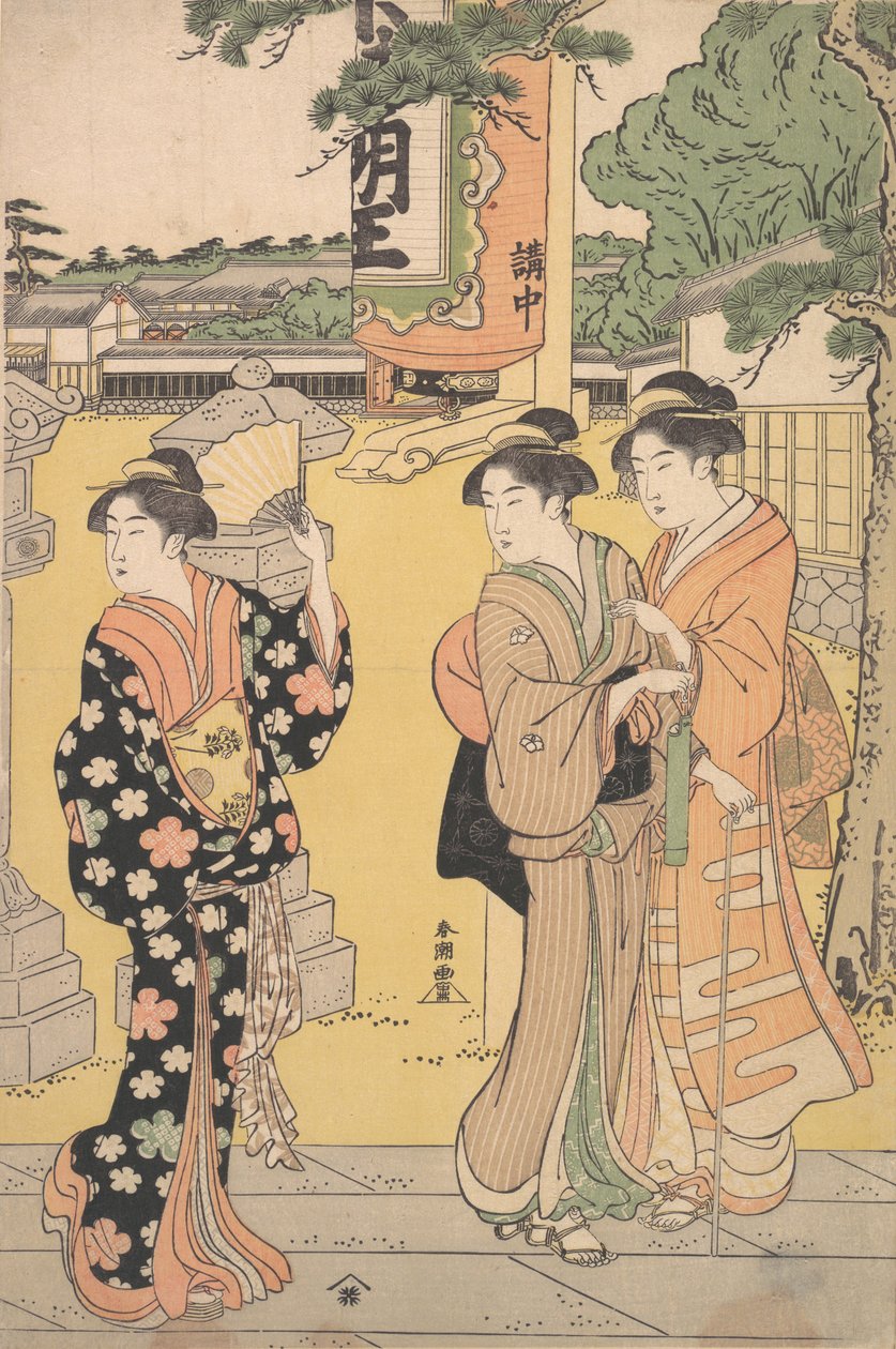 Messuvieraat buddhalaisen temppelin rakennuksessa, n. 1789. tekijältä Katsukawa Shuncho