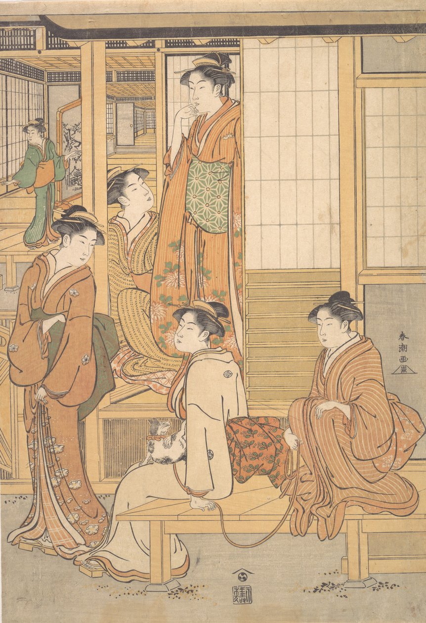 Ryhmä nuoria naisia Tea Housen verannalla, 1700-luvun loppu. tekijältä Katsukawa Shuncho