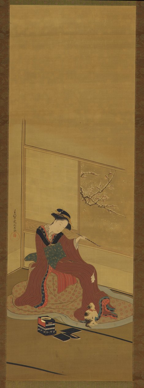 Sisustus: tyttö ja kissanpentu, Edo-kausi, 1700-luvun loppu. tekijältä Katsukawa Shuncho