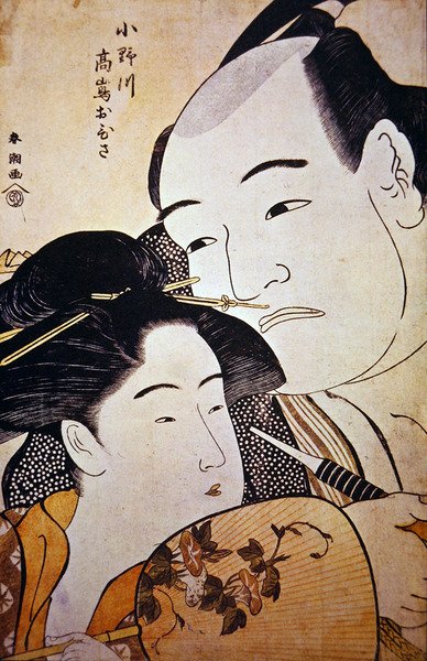 Japanilainen painija Onagawa ja teehuonetyttö Ohisa, n. 1792 (puupainatus) tekijältä Katsukawa Shuncho