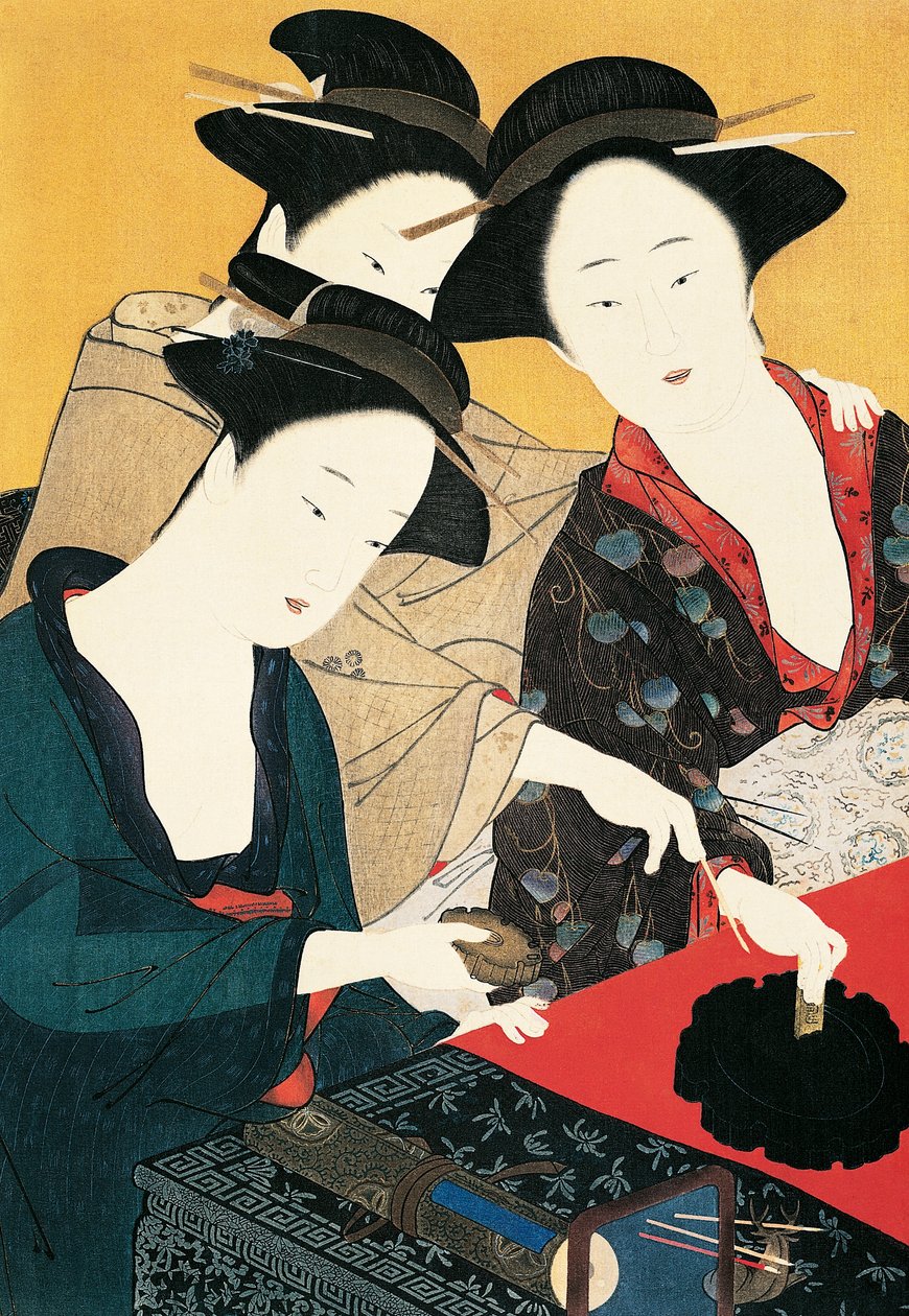 Kolme naista mustesuihkulähteen ympärillä, taiteilija Katsukawa Shunsho -koulusta (1726-1792), Japani, japanilainen sivilisaatio tekijältä Katsukawa Shuncho