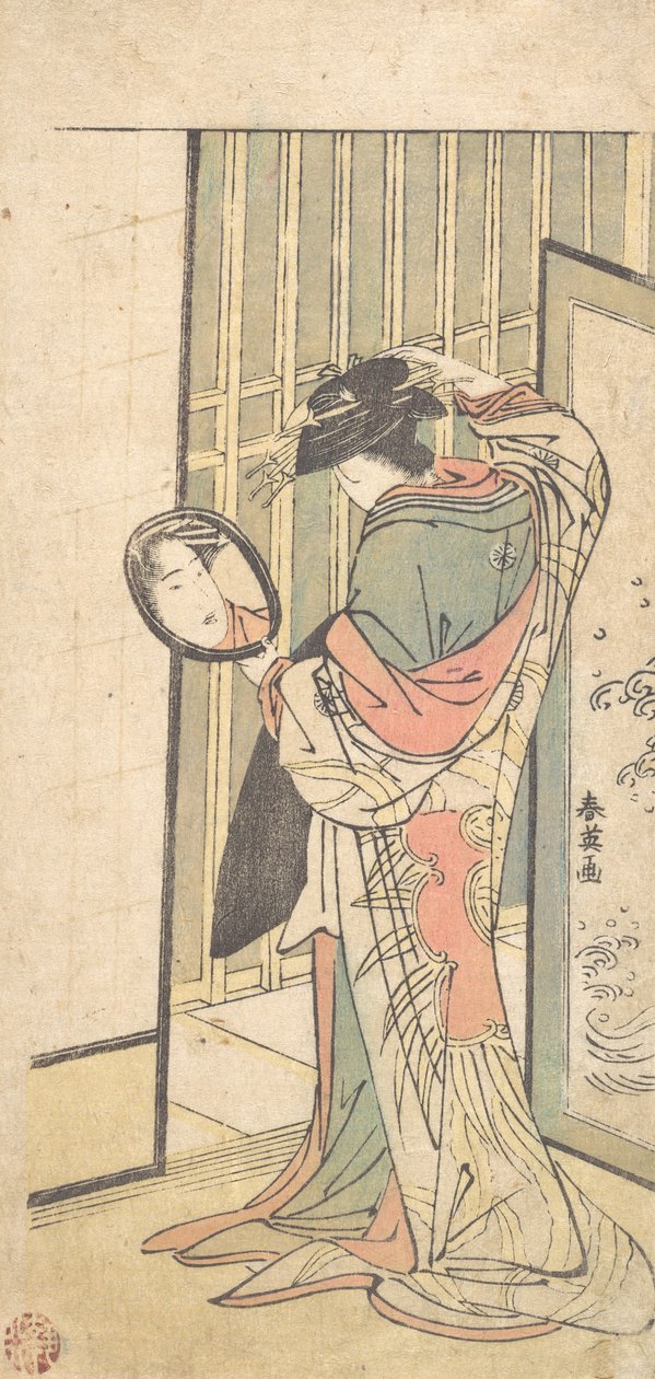 Kurtesaani katselee heijastustaan käsipeilissä, n. 1787. tekijältä Katsukawa Shun