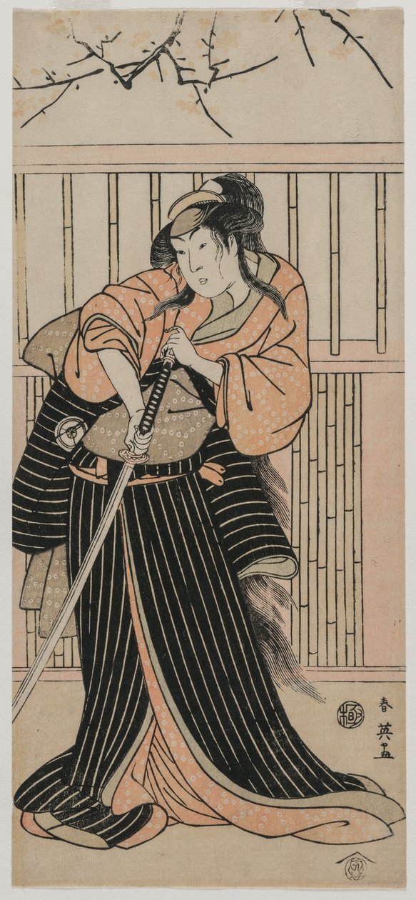 Näyttelijä Iwai Hanshiro IV nuorena naisena miekalla, 1791. tekijältä Katsukawa Shunei