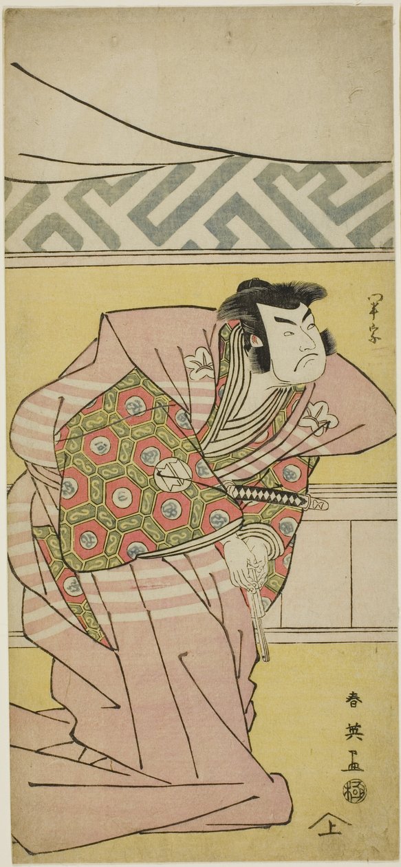 Näyttelijä Sawamura Sôjûrô III roolissa Oda Kazusanosuke Harunaga elokuvassa "Muromacho Chronicle in Kana Script" ("Kanagaki Muromachi bundan"). tekijältä Katsukawa Shun