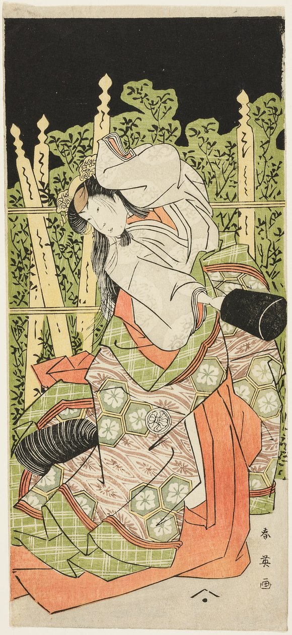 Näyttelijä Segawa Kikunojô III Mahdollisesti Ono no Komachin roolissa elokuvassa "Komachi Village: New Year at the Theater" ("Komachimura shibai no shôgatsu"). tekijältä Katsukawa Shun