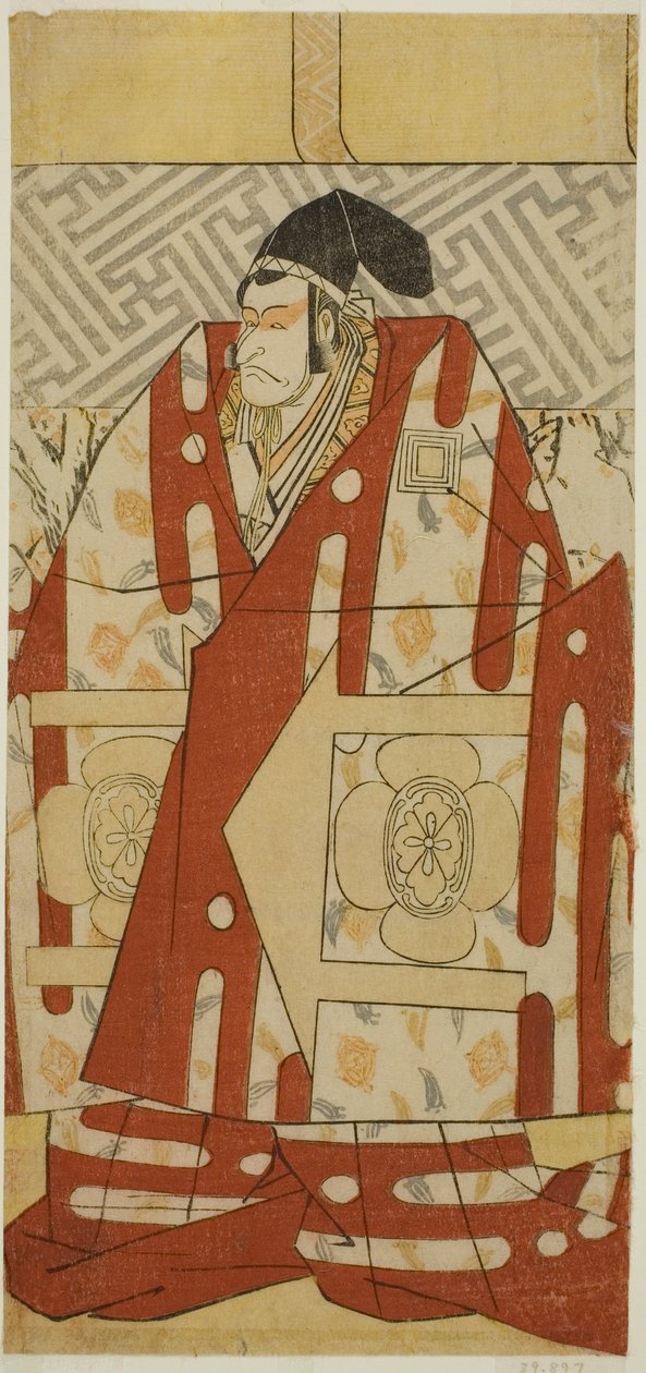 Näyttelijä Ichikawa Danjuro V roolissa Kudo Suketsune näytelmässä Koi no Yosuga Kanegaki Soga, joka esitettiin Ichimura-teatterissa ensimmäisenä kuukautena vuonna 1789. tekijältä Katsukawa Shun
