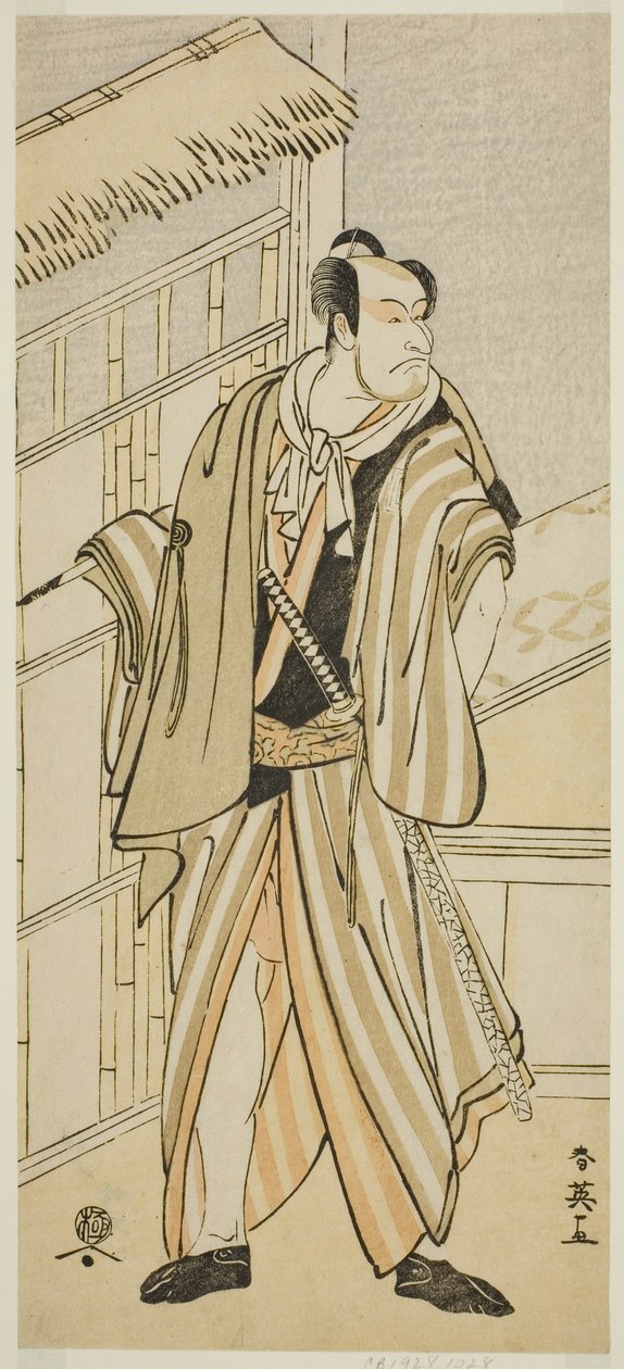 Näyttelijä Ichikawa Ebizo (Danjuro V) roolissa Banzui Chobei näytelmässä Gozen-gakari Sumo Soga, joka esitettiin Kawarazakin teatterissa toisena kuukautena vuonna 1793. tekijältä Katsukawa Shun