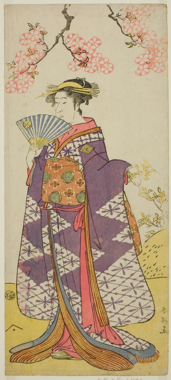 Näyttelijä Ichikawa Komazo II Lady Shiragikun henkenä näytelmässä Hatsu Midori Saiwai Soga, joka esitettiin Kawarazakin teatterissa kolmannella kuukaudella vuonna 1791. tekijältä Katsukawa Shun