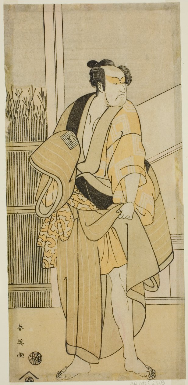 Näyttelijä Ichikawa Monnosuke II Hiranoya Tokubein () roolissa näytelmässä Waka Murasaki Edokko Soga (), joka esitettiin Ichimura-teatterissa () vuoden 1792 kolmannella kuukaudella (). tekijältä Katsukawa Shun
