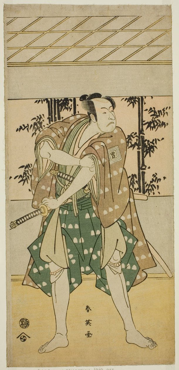 Näyttelijä Ichikawa Omezo I venemies Takihein () roolissa näytelmässä Ofunamori Ebi no Kaomise (), joka esitettiin Kawarazakin teatterissa () yhdentenätoista kuukautena vuonna 1792 (). tekijältä Katsukawa Shun