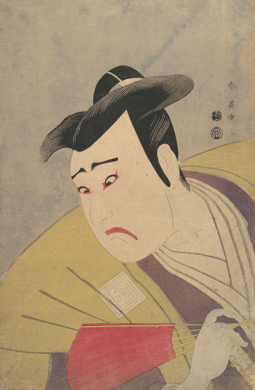 Näyttelijä Ichikawa Yaozo III pitelee punaista tuuletinta, 1794. tekijältä Katsukawa Shun