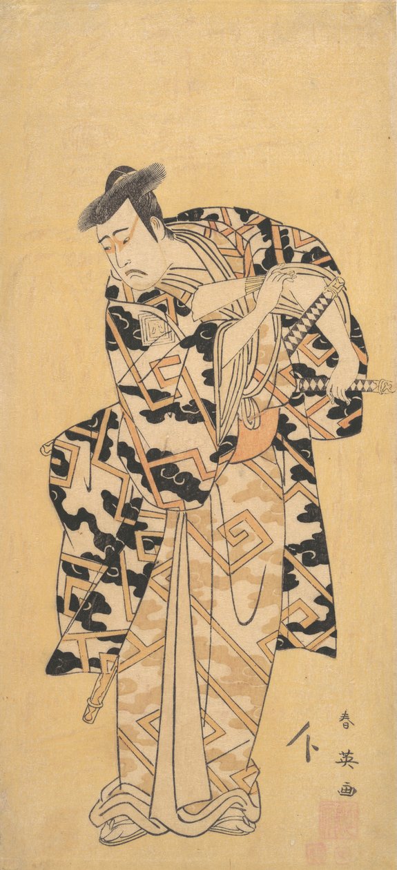 Näyttelijä Ichikawa Yaozo III hahmona Fuwa Banzaemon ukkonen kaapussa, leikkii tuulettimen kanssa, 1794. tekijältä Katsukawa Shun