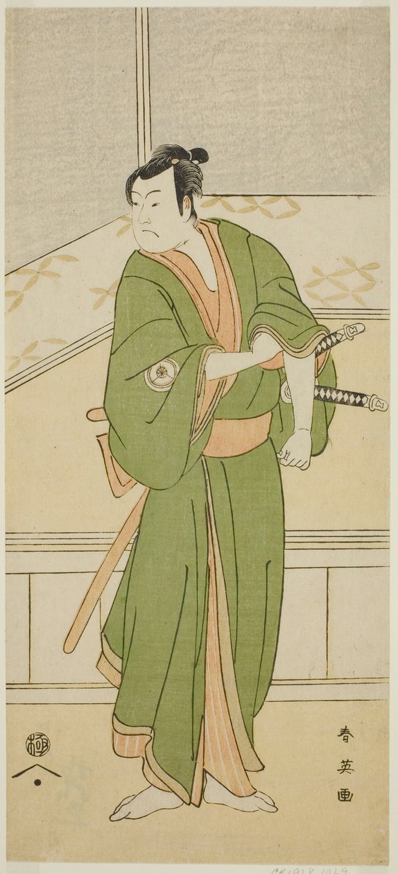 Näyttelijä Iwai Hanshiro IV Shirai Gompachin roolissa näytelmässä Gozen-gakari Sumo Soga, joka esitettiin Kawarazakin teatterissa toisena kuukautena vuonna 1793. tekijältä Katsukawa Shun
