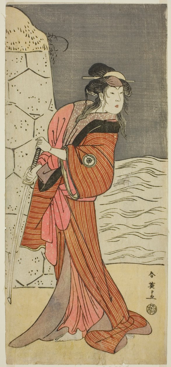 Näyttelijä Iwai Hanshiro IV roolissa Yaegushi no Oroku () näytelmässä Keisei Kogane no Hakarime (), joka esitettiin Kawarazakin teatterissa () vuoden 1792 kolmannella kuukaudella (). tekijältä Katsukawa Shun