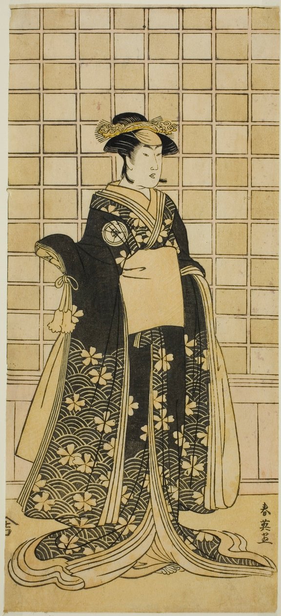 Näyttelijä Iwai Kiyotaro II rouva Itohagina () näytelmässä Genji Saiko Kogane Tachibana (), joka esitettiin Ichimura-teatterissa () yhdentenätoista kuussa vuonna 1788 (). tekijältä Katsukawa Shun