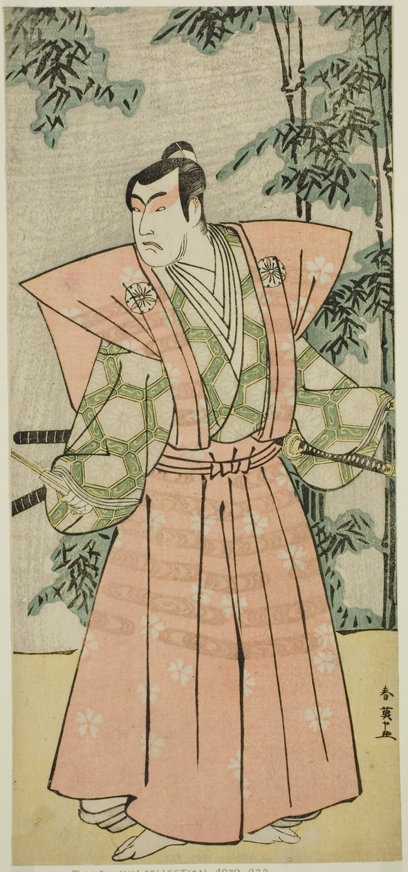 Näyttelijä Matsumoto Koshiro IV Hatakeyama Shigetada naamioituneena Honjo Soheijiksi () näytelmässä Edo no Fuji Wakayagi Soga (), joka esitettiin Nakamura-teatterissa () ensimmäisenä kuukautena vuonna 1789 (). tekijältä Katsukawa Shun