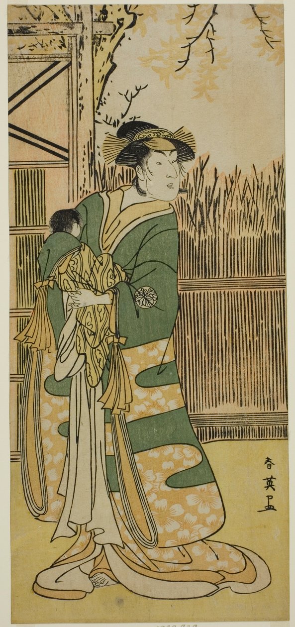 Näyttelijä Nakayama Tomisaburo I rouva Tokiwana (Tokiwa Gozen) () näytelmässä Kimmenuki Genke no Kakutsuba (), joka esitettiin Ichimura-teatterissa () yhdentenätoista kuukautena vuonna 1791 (). tekijältä Katsukawa Shun